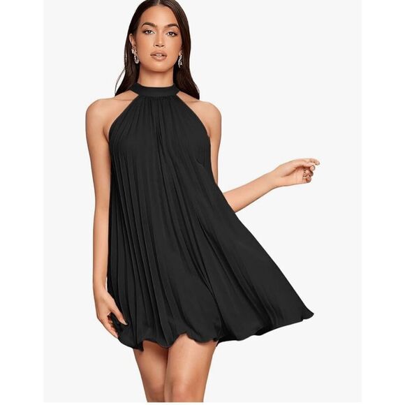 NEW Sleeveless Tie Back Halter Mini Swing Pleated Loose Dress XL - Picture 1 of 5